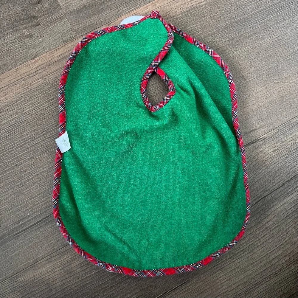 Vintage 90s Infant Toddler Christmas Bear & Ornaments Green Bib One Size